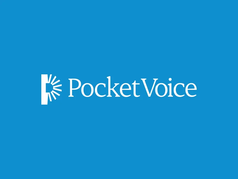 Pocket Voice symbol and wordmark on a bright blue field.