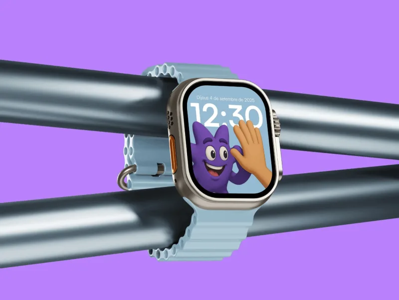 VIRA character experience displayed on an Apple Watch over a violet composition.